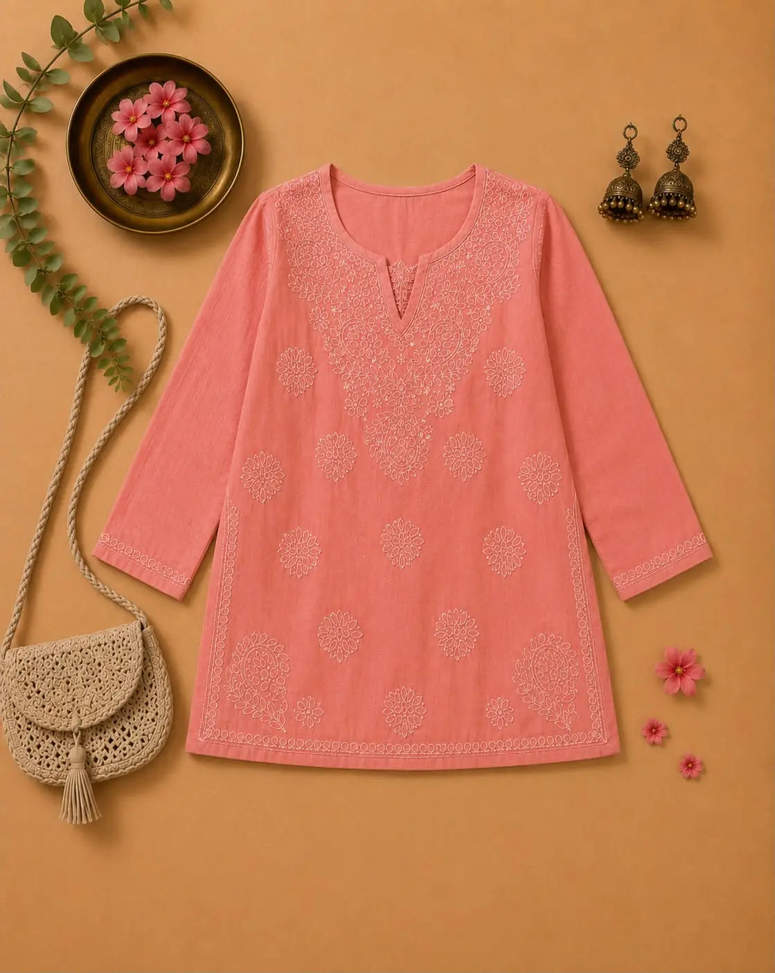 Peach Blossom Chikankari Kurti