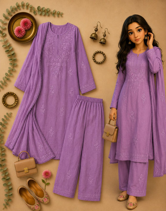 Premium Lavender Chikankari Embroidered Rayon Stitched Suit Set for Women