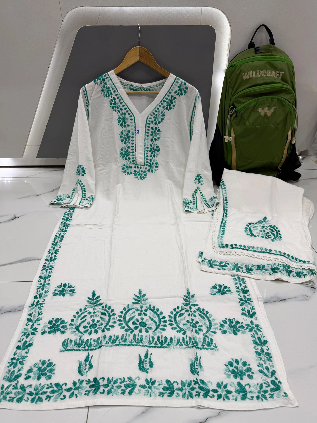 Premium Embroidered Double Layered Palazzo Set – White with Green Floral Thread Work