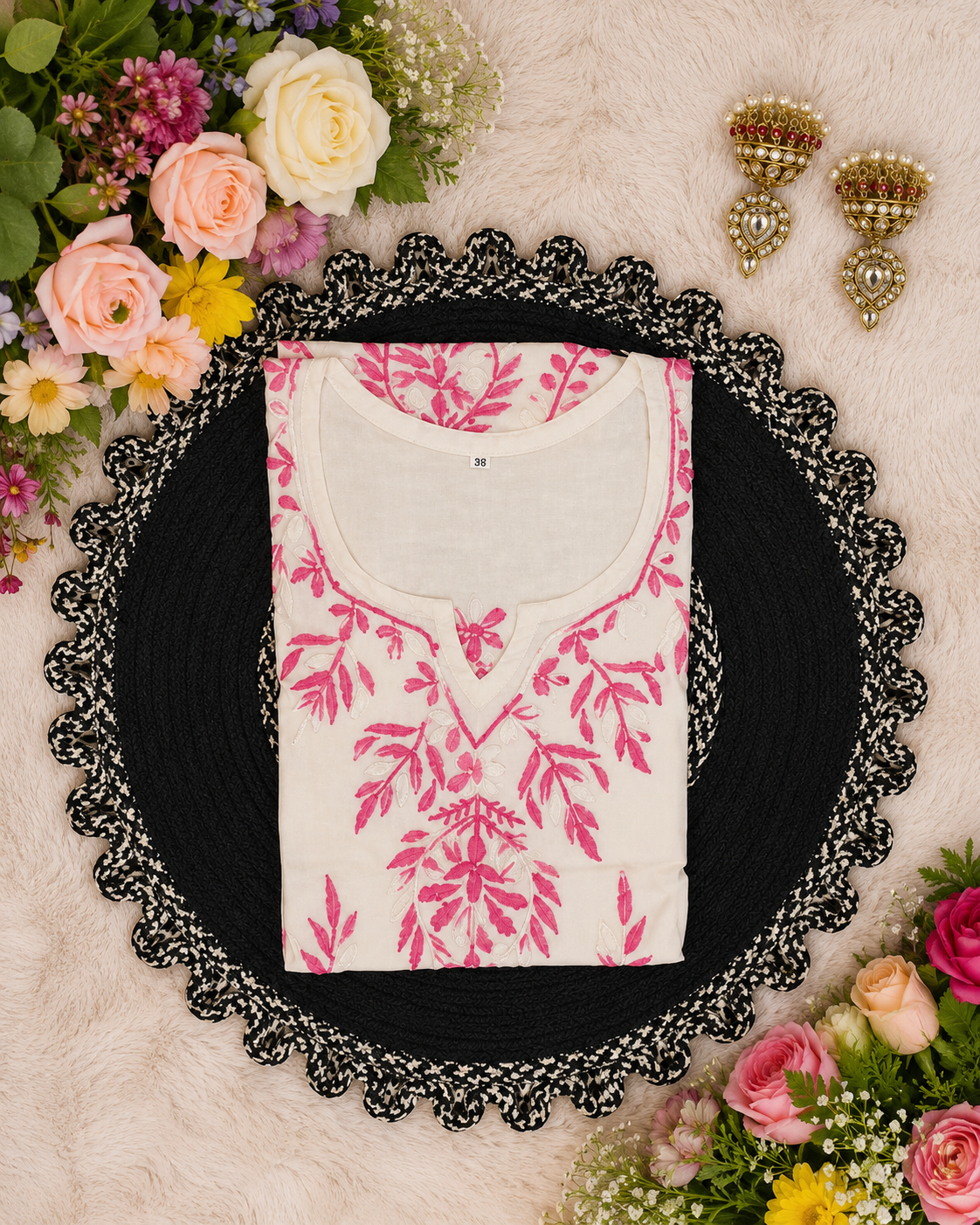Wastiya Chikankari Premium Off White & Hot Pink Embroidered Rayon Short Kurti