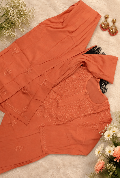 Premium Peach Embroidered Rayon stitched Plazo Kurti Set with Matching Dupatta