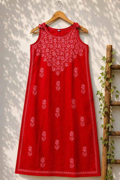 Wastiya Red Floral Chikankari Rayon Long Kurti