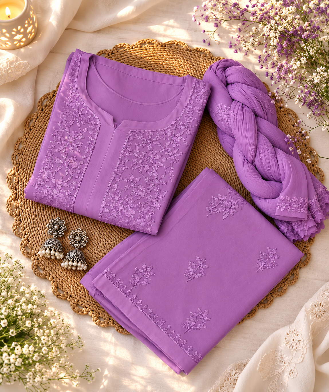 Premium Lavender Chikankari Embroidered Rayon Stitched Suit Set for Women