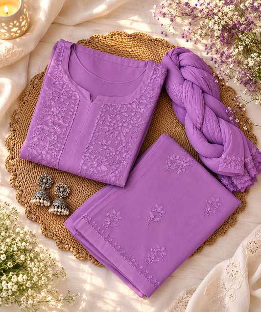 Premium Lavender Chikankari Embroidered Rayon Stitched Suit Set for Women