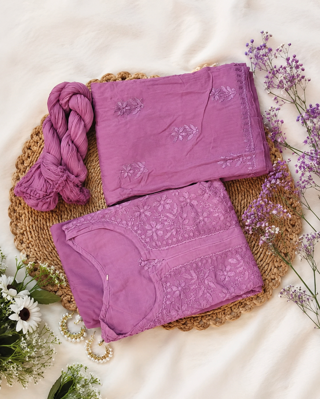 Wastiya Chikankari Designer Mauve Embroidered Rayon Stitched Kurta Set with Dupatta