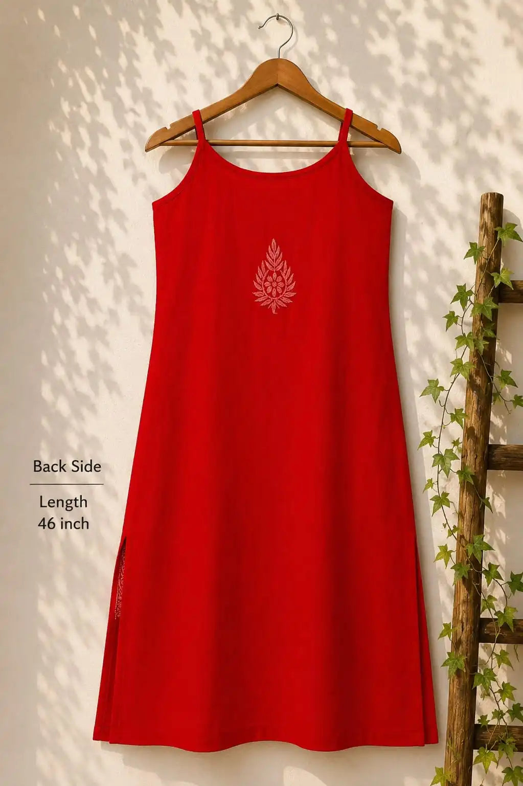 Wastiya Red Floral Chikankari Rayon Long Kurti