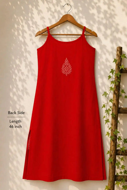 Wastiya Red Floral Chikankari Rayon Long Kurti