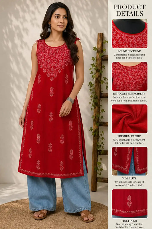 Wastiya Red Floral Chikankari Rayon Long Kurti