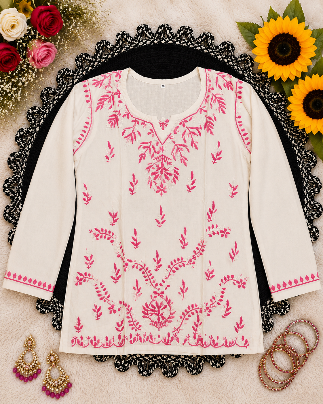 Wastiya Chikankari Premium Off White & Hot Pink Embroidered Rayon Short Kurti