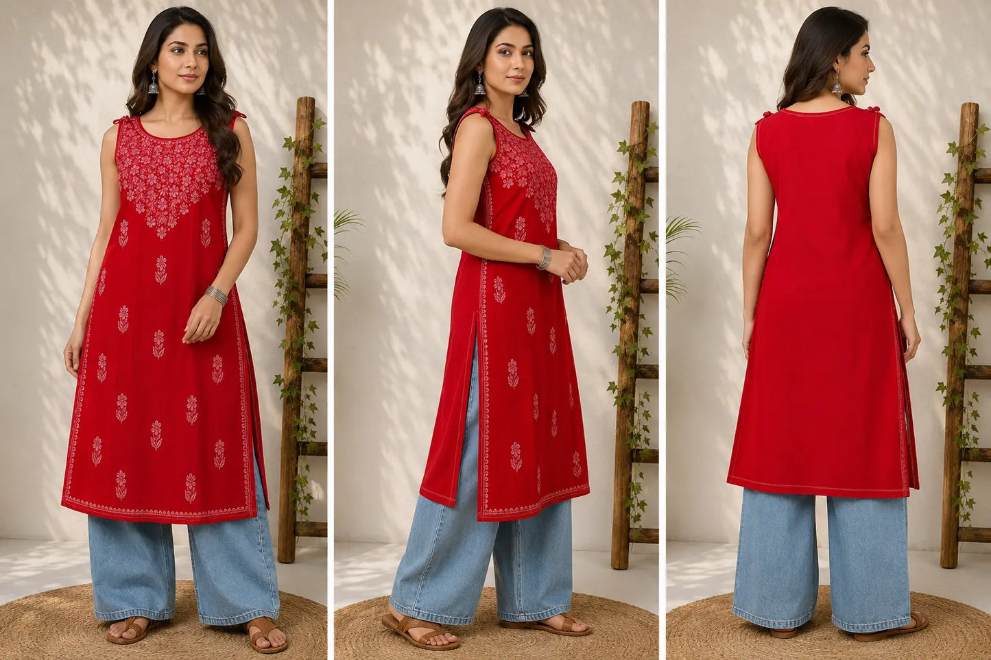 Wastiya Red Floral Chikankari Rayon Long Kurti