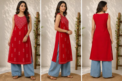 Wastiya Red Floral Chikankari Rayon Long Kurti
