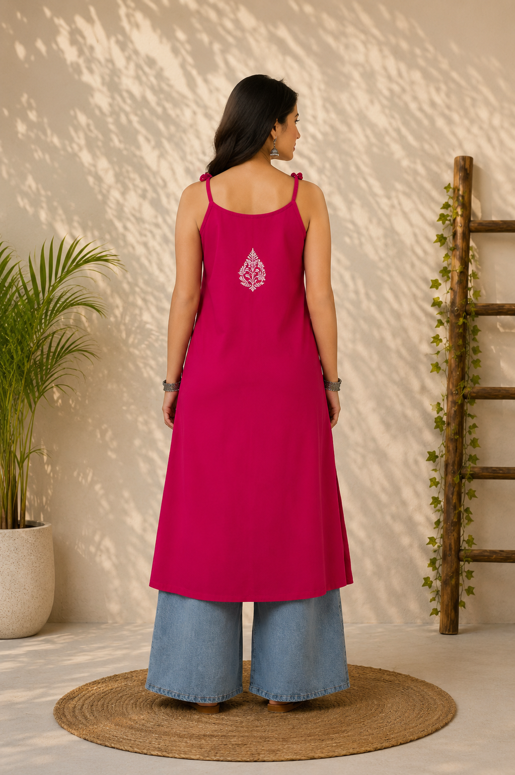 Wastiya Pink Floral Chikankari Rayon Long Kurti