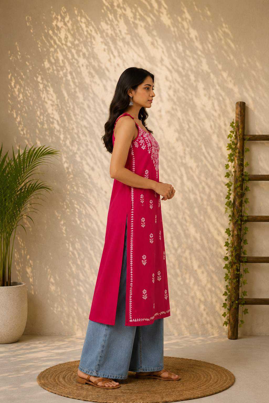 Wastiya Pink Floral Chikankari Rayon Long Kurti