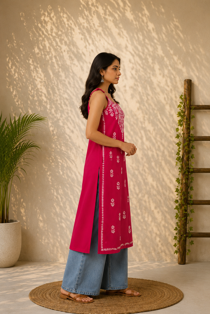 Wastiya Pink Floral Chikankari Rayon Long Kurti