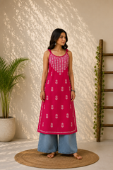 Wastiya Pink Floral Chikankari Rayon Long Kurti