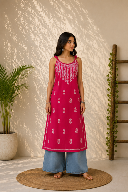Wastiya Pink Floral Chikankari Rayon Long Kurti
