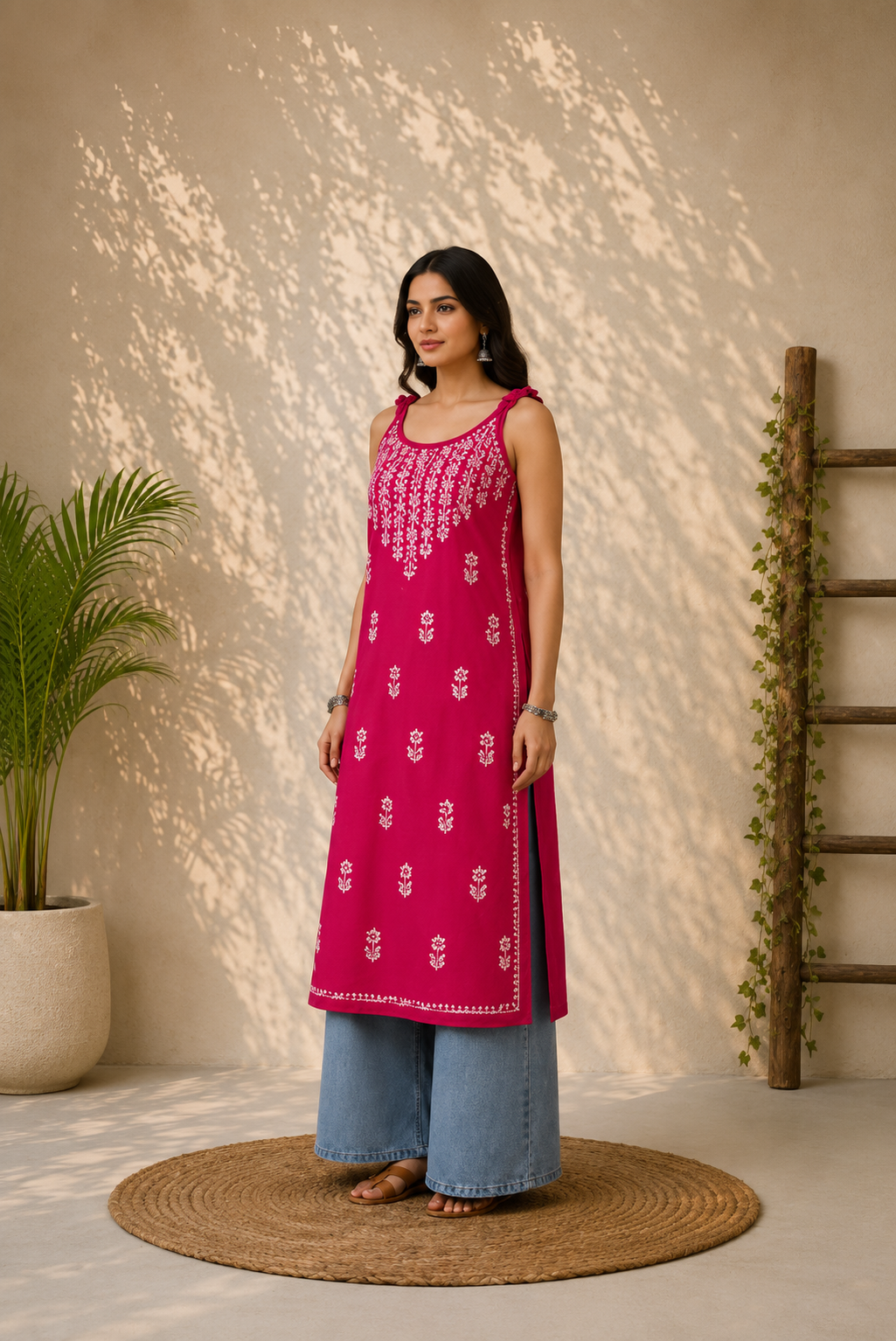 Wastiya Pink Floral Chikankari Rayon Long Kurti