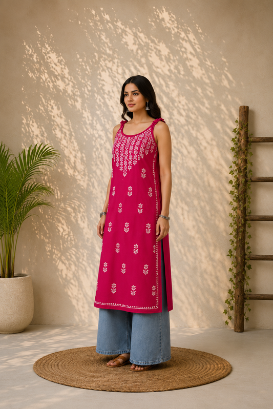 Wastiya Pink Floral Chikankari Rayon Long Kurti