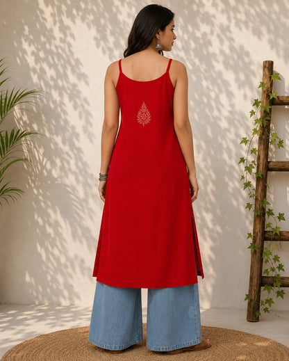 Wastiya Red Floral Chikankari Rayon Long Kurti