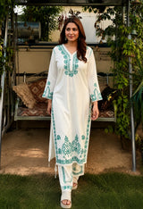 Premium Embroidered Double Layered Palazzo Set – White with Green Floral Thread Work