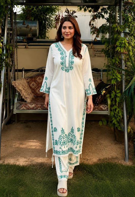 Premium Embroidered Double Layered Palazzo Set – White with Green Floral Thread Work