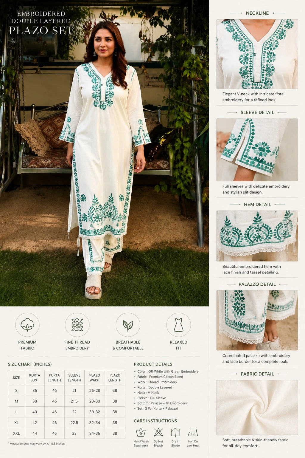 Premium Embroidered Double Layered Palazzo Set – White with Green Floral Thread Work