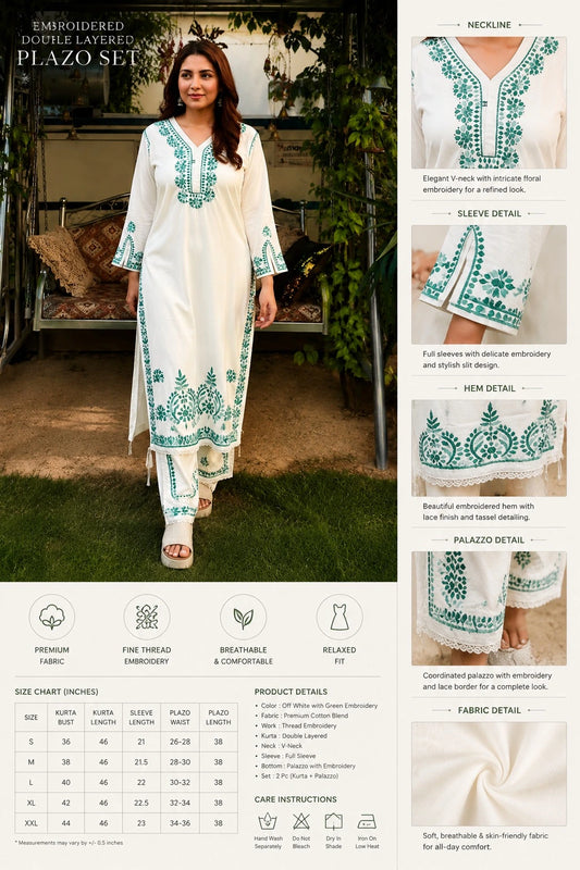 Premium Embroidered Double Layered Palazzo Set – White with Green Floral Thread Work
