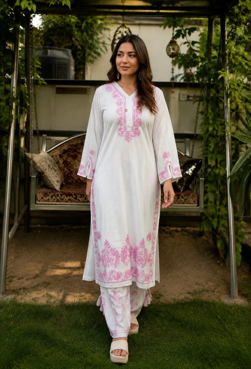 Aarohi Pink Floral Embroidered Kurta layered Palazzo Set