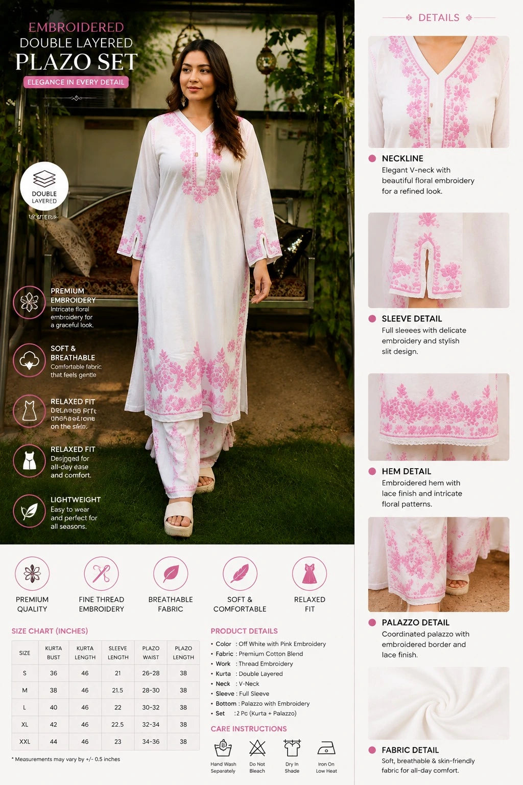 Aarohi Pink Floral Embroidered Kurta layered Palazzo Set