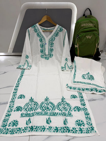Premium Embroidered Double Layered Palazzo Set – White with Green Floral Thread Work