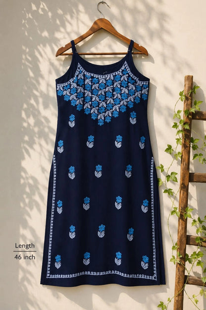 🌸 Wastiya Blue Floral Chikankari Rayon Long Kurti