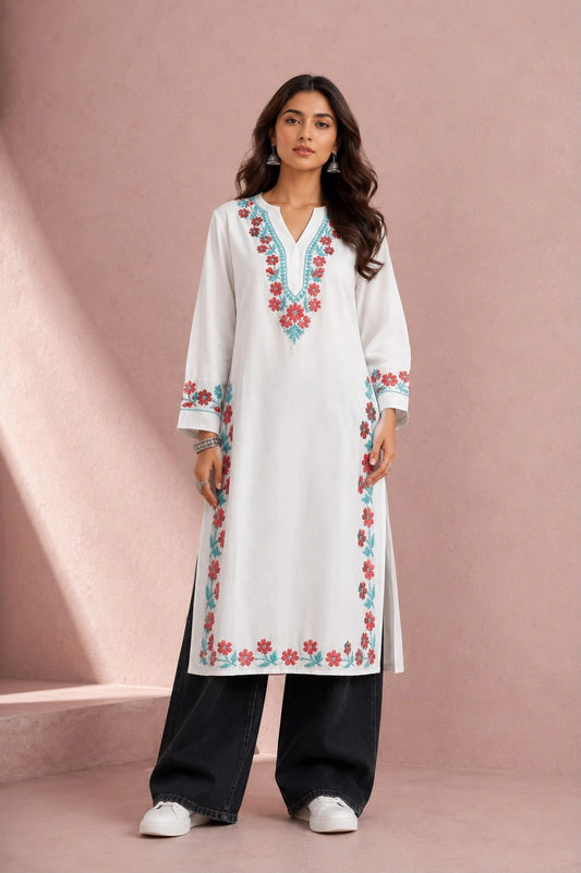 WASTIYA Noor Bloom White Embroidered Kurti