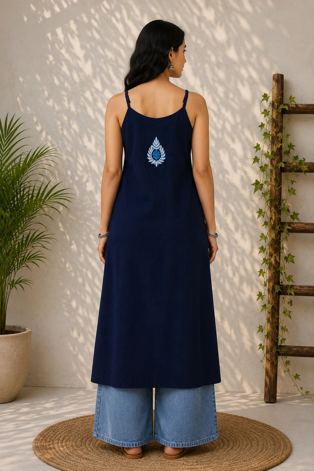 🌸 Wastiya Blue Floral Chikankari Rayon Long Kurti
