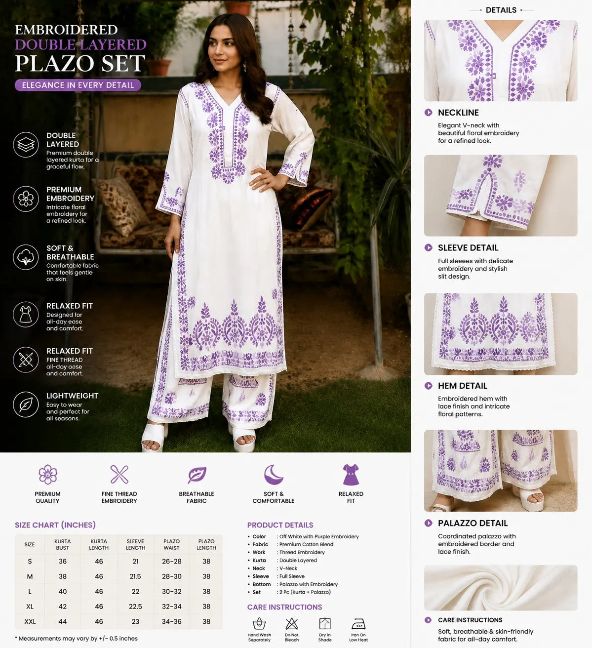 Lavender Royale Floral Embroidered Double Layered Palazzo Set for Women
