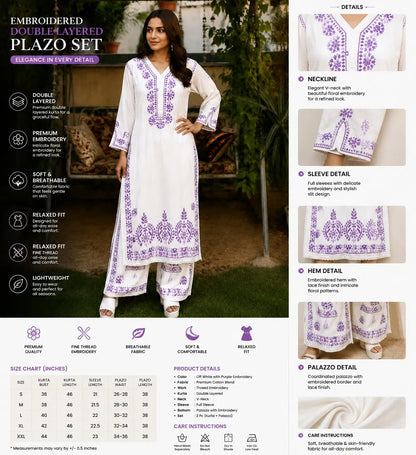 Lavender Royale Floral Embroidered Double Layered Palazzo Set for Women