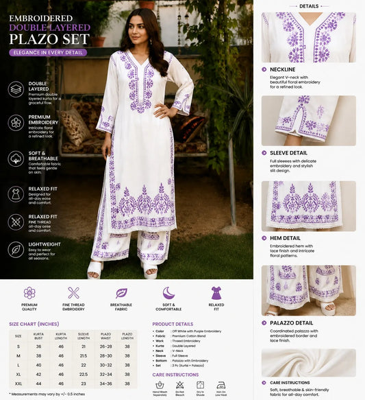 Lavender Royale Floral Embroidered Double Layered Palazzo Set for Women