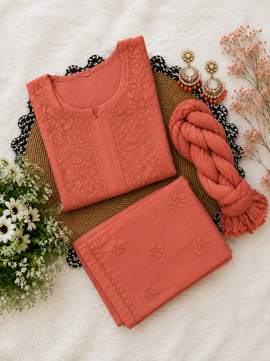 Premium Peach Embroidered Rayon stitched Plazo Kurti Set with Matching Dupatta