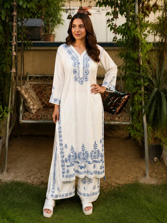 Royal Azure Floral Embroidered Palazzo Suit