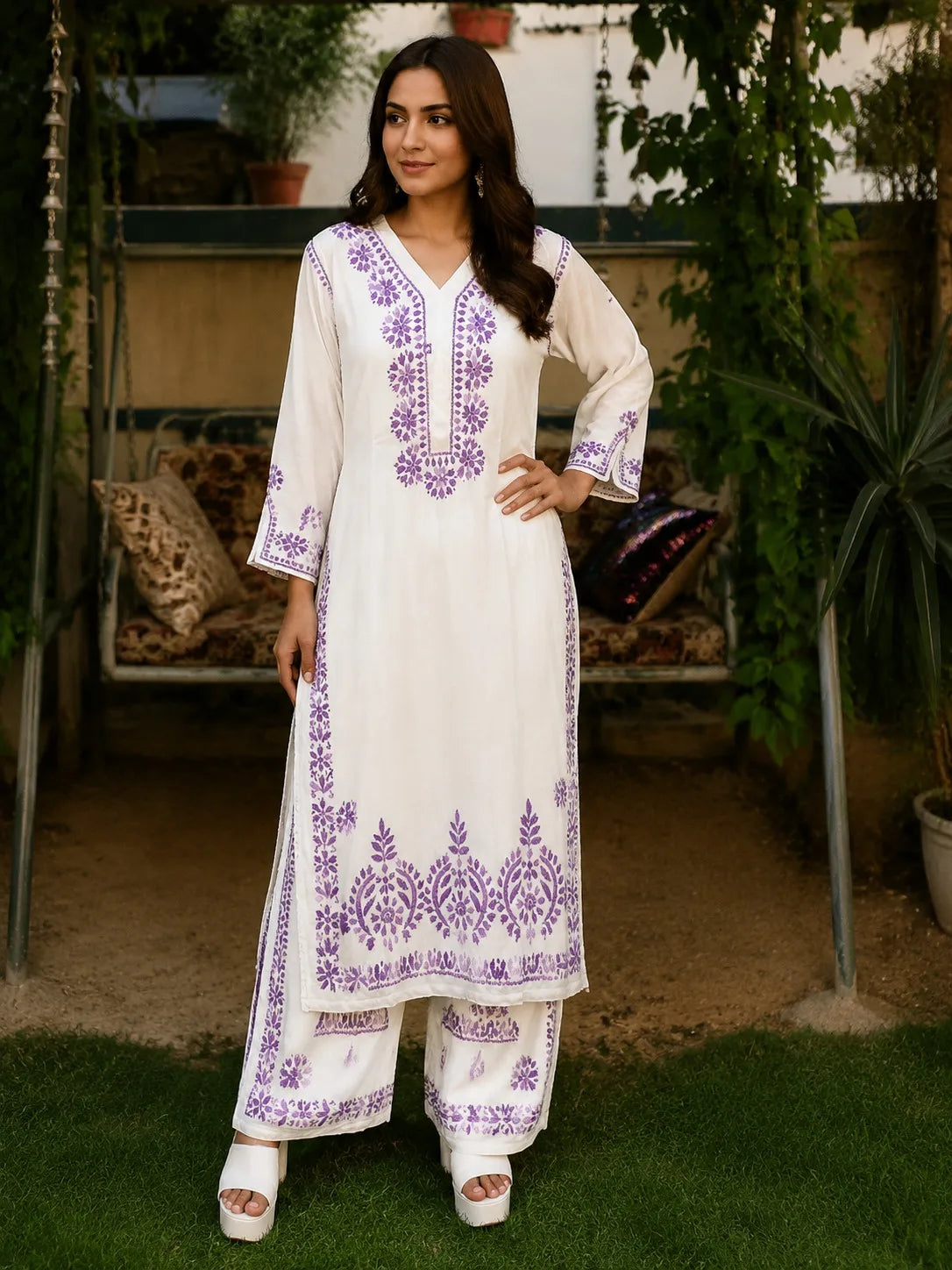 Lavender Royale Floral Embroidered Double Layered Palazzo Set for Women