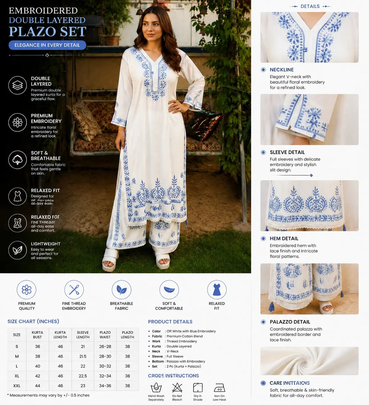 Royal Azure Floral Embroidered Palazzo Suit